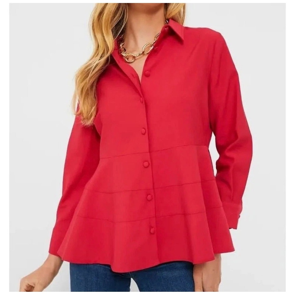 Pomander Place Ashlen Blouse XXS Red Peplum Tiered Ruffle Button Down Top